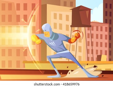 Superhero protecting the city from evil cartoon background with blocks of flats vector illustration 