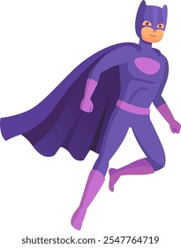 Superhero with purple costume and fluttering cape is flying in the sky, demonstrating power and courage, ready to save the day