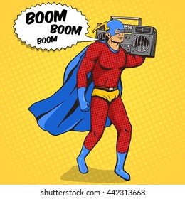 Superhero with radio cassette player. Cartoon pop art vector illustration. Human comic book vintage retro style.