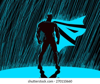 Superhero in rain: Superhero watching over the city.