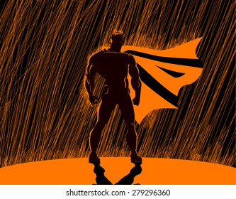 Superhero in rain: Superhero watching over the city.