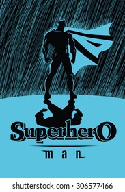 Superhero in rain: Superhero watching over the city. Illustration