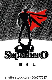 Superhero in rain: Superhero watching over the city. Illustration