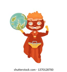 superhero in a raincoat and planet earth