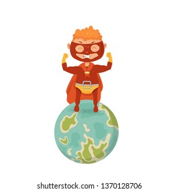 superhero in a raincoat and planet earth