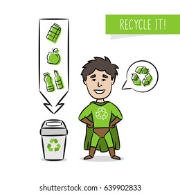 Superhero with recycle sign vector illustration. Recycling creative concept with cartoon character and dustbin. Ecological banner template.
