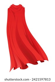 Superhero red cape in back view. Scarlet fabric silk cloak. Mantle costume or cover cartoon vector illustration