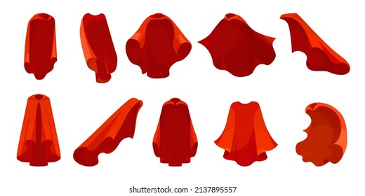 Superhero red cape in different poses cartoon collection set. Satin clock or mantel flying in wind. Vampire mantel for Halloween party isolated on white background. Carnival costume, accessory concept