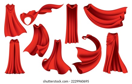 Superhero red cape in different positions, front and side view. Scarlet fabric silk cloak. Mantle costume or cover cartoon vector set