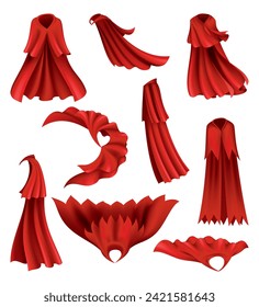 Superhero red cape in different positions, front and side view. Scarlet fabric silk cloak. Mantle costume or cover cartoon vector set