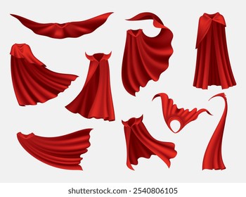 Superhero red cape in different positions, front and side view. Scarlet fabric silk cloak. Mantle costume or cover cartoon vector set