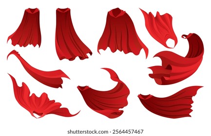 Superhero red cape in different positions, front and side view. Scarlet fabric silk cloak. Mantle costume or cover cartoon vector set