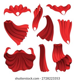 Superhero red cape in different positions, front and side view. Scarlet fabric silk cloak. Mantle costume or cover cartoon vector set