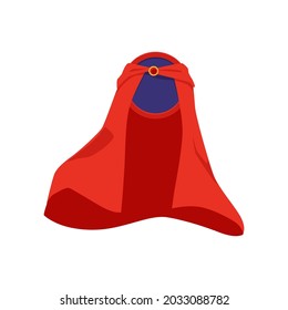 Superhero red cape with empty badge or shield inside, flat vector illustration isolated on white background. Superhero cloak mockup with empty circle frame.