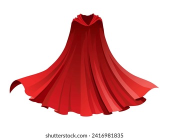 Superhero red cape in front view. Scarlet fabric silk cloak. Mantle costume or cover cartoon vector illustration