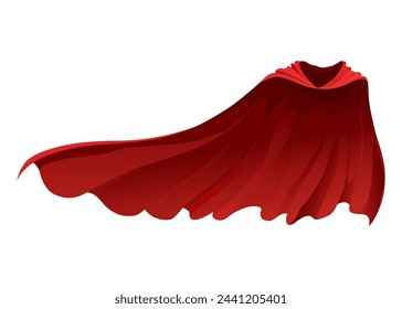 Superhero red cape in front view. Scarlet fabric silk cloak. Mantle costume or cover cartoon vector illustration