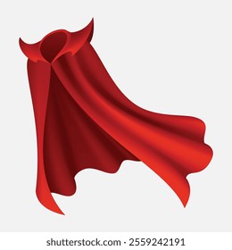 Superhero red cape in front view. Scarlet fabric silk cloak. Mantle costume or cover cartoon vector illustration