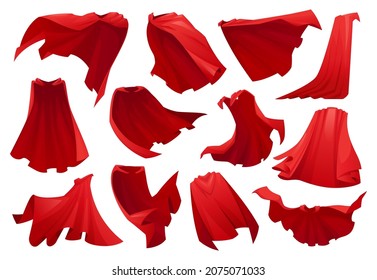 Superhero red cape isolated scarlet fabric silk cloak in different position, front back side view. Vector set of mantle costume, magic cartoon cover. Flowing and flying carnival vampire satin clothes