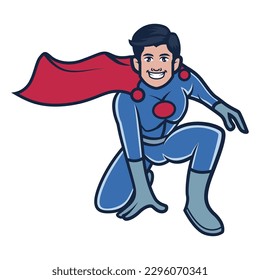 Superhero with red cape in landing position. strong man