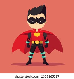 Superhero with red cape and mask. Vector illustration in flat style. kid children mascot