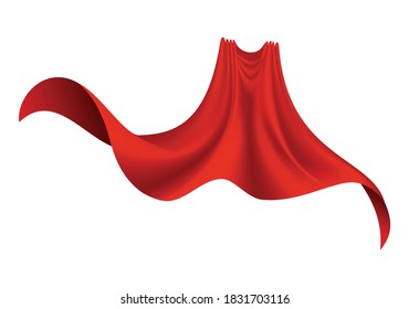 Superhero red cape on white background. Scarlet fabric silk cloak. Mantle costume or cover cartoon vector illustration. Flying carnival clothes