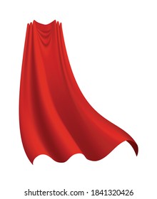 Superhero red cape on white background. Scarlet fabric silk cloak. Mantle costume or cover cartoon vector illustration. Flying carnival clothes