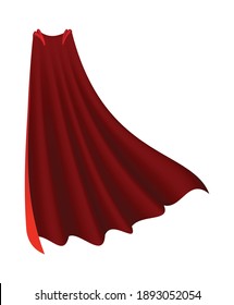 Superhero red cape. Scarlet fabric silk cloak in front view. Carnival or masquerade dress. Realistic costume design. Silk flying cape