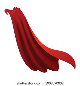 Superhero red cape. Scarlet fabric silk cloak in side view. Carnival or masquerade dress. Realistic costume design. Silk flying cape