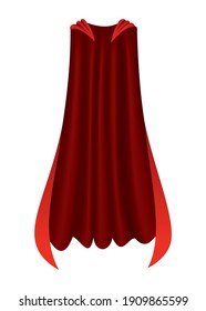 Superhero Red Cape. Scarlet Fabric Silk Cloak In Front View. Carnival Or Masquerade Dress. Realistic Costume Design. Silk Flying Cape