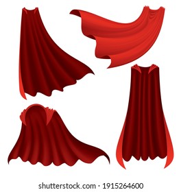 Superhero red cape. Scarlet fabric silk cloak in different position, front back and side view. Carnival or masquerade dress, 3d realistic costume design. Silk flying capes