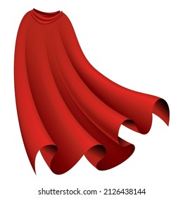 Superhero red cape. Scarlet fabric silk cloak in back view. Carnival masquerade dress, realistic costume design. Flying Mantle costume