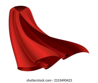 Superhero red cape. Scarlet fabric silk cloak in front view. Carnival masquerade dress, realistic costume design. Flying Mantle costume