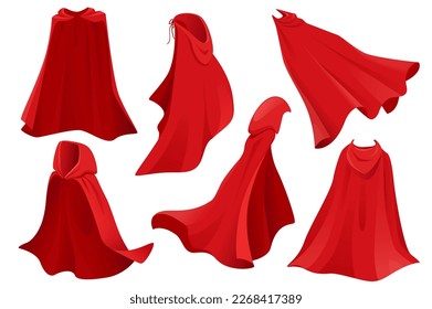 Superhero red cape set graphic elements in flat design. Bundle of fabric silk cloak in front, side and back view, flowing and flying comic masquerade costume. Vector illustration isolated objects