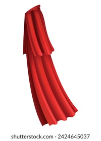 Superhero red cape in side view. Scarlet fabric silk cloak. Mantle costume or cover cartoon vector illustration