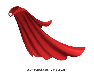 Superhero red cape in side view. Scarlet fabric silk cloak. Mantle costume or cover cartoon vector illustration