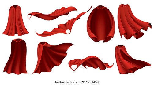 Superhero red capes. Carnival masquerade dress, 3d realistic costume design. Scarlet fabric silk cloak in different position, front, side and top view. Flying Mantle costume