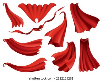 Capas rojas de superhéroes. Tela de seda de tela escarlata en diferentes posiciones, vista frontal, lateral y superior. Vestido de máscaras de carnaval, diseño de trajes 3d realistas. Vestido de Flying Mantle