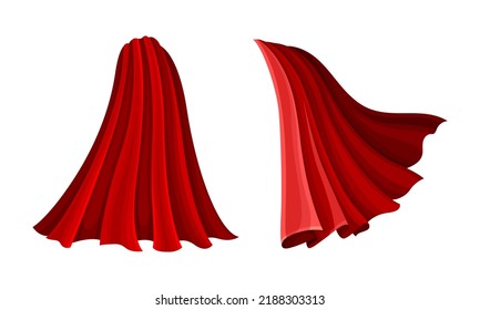 Superhero red capes set. Silk scarlet flying cloak cartoon vector illustration