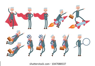 superhero in a red cloak, flies on a rocket, on a jet pack, stands with a huge magnifying glass, searches for information. elderly businessman. cartoon character set