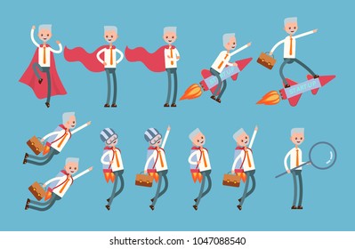 superhero in a red cloak, flies on a rocket, on a jet pack, stands with a huge magnifying glass, searches for information. elderly businessman. cartoon character set