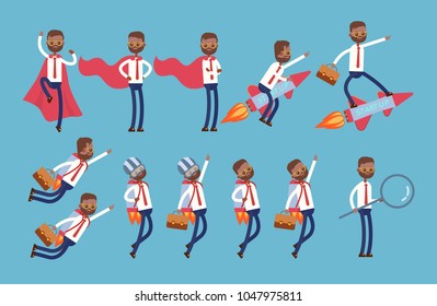 superhero in a red cloak, flies on a rocket, on a jet pack, stands with a huge magnifying glass, searches for information. indian businessman. cartoon character set