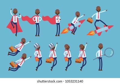 superhero in a red cloak, flies on a rocket, on a jet pack, stands with a huge magnifying glass, searches for information. Black businessman. cartoon character set