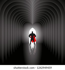 Superhero in the red cloak stands at the end dark tunnel or corridor. Light from open door behind him. Vector illustration