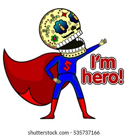 Superhero in a red cloak. Vector flat and linear Illustration of skeleton. Web banners, advertisements, brochures, business templates. Isolated on a white background.