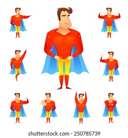 Superhero in red costume and blue cape in different poses avatar set isolated vector illustration