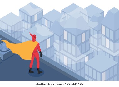 Superhero in red costume with yellow cape standing on roof of skyscraper isometric urban background 3d vector illustration