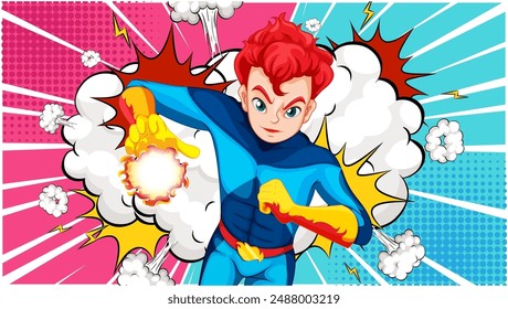 A superhero with red hair and blue suit