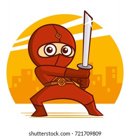 Superhero Red Ninja Kid Character Vector Illustration