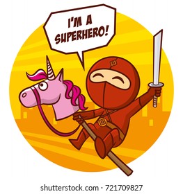 Superhero Red Ninja Kid character Vector Illustration