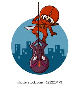 Superhero Red Ninja on the background of a night city Sticker Vector Illustration